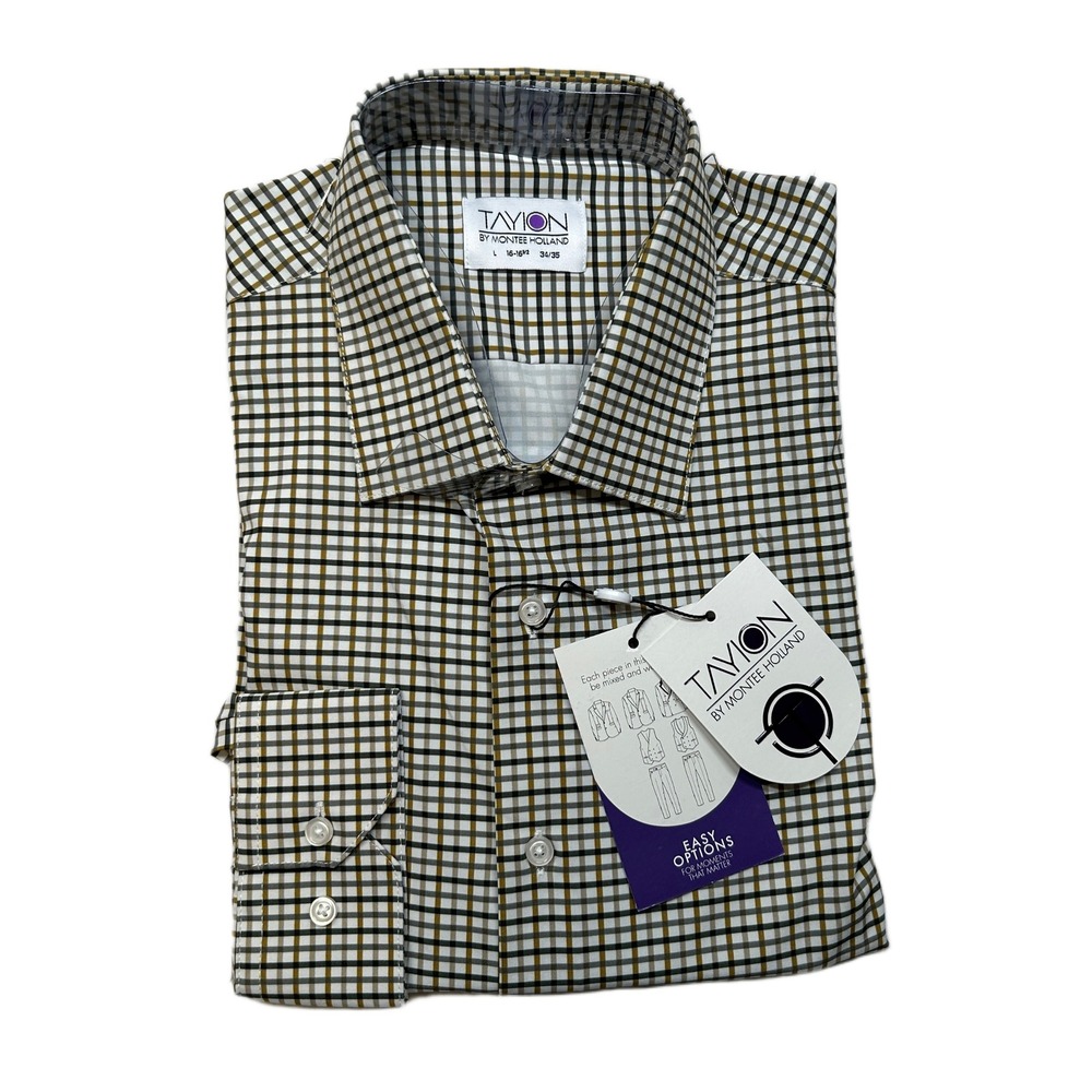 Tayion Slim-Fit‎ Plaid Dress Shirt Mens Large 16-16.5 34/35 White Black Gold NEW